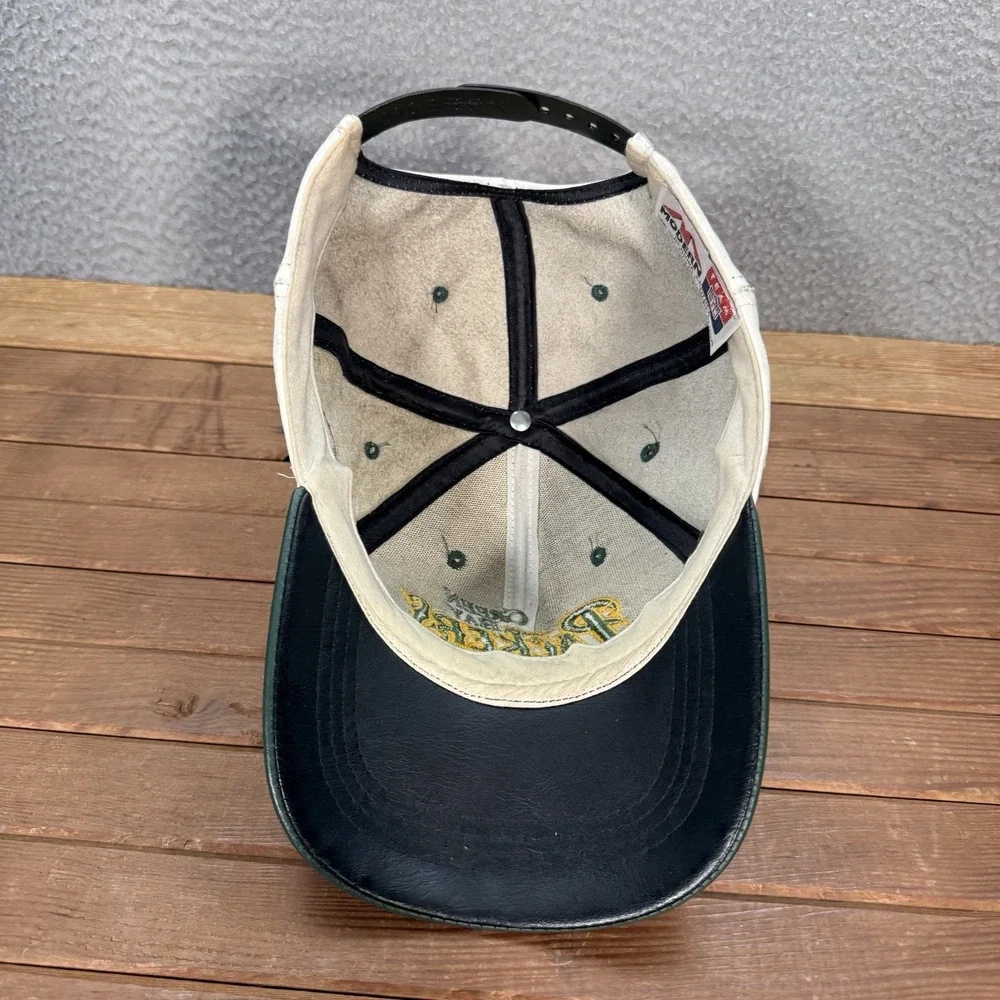 Vintage Green Bay Packers Hat Adult‎ White Green Leather Snapback Cap NFL 90s
